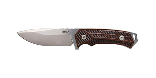 Das WOOX Rock 62 ist ein robustes Full-Tang-Messer aus Uddeholm Sleipner Stahl, mit ergonomischem Griff und hochwertiger italienischer Lederscheide.